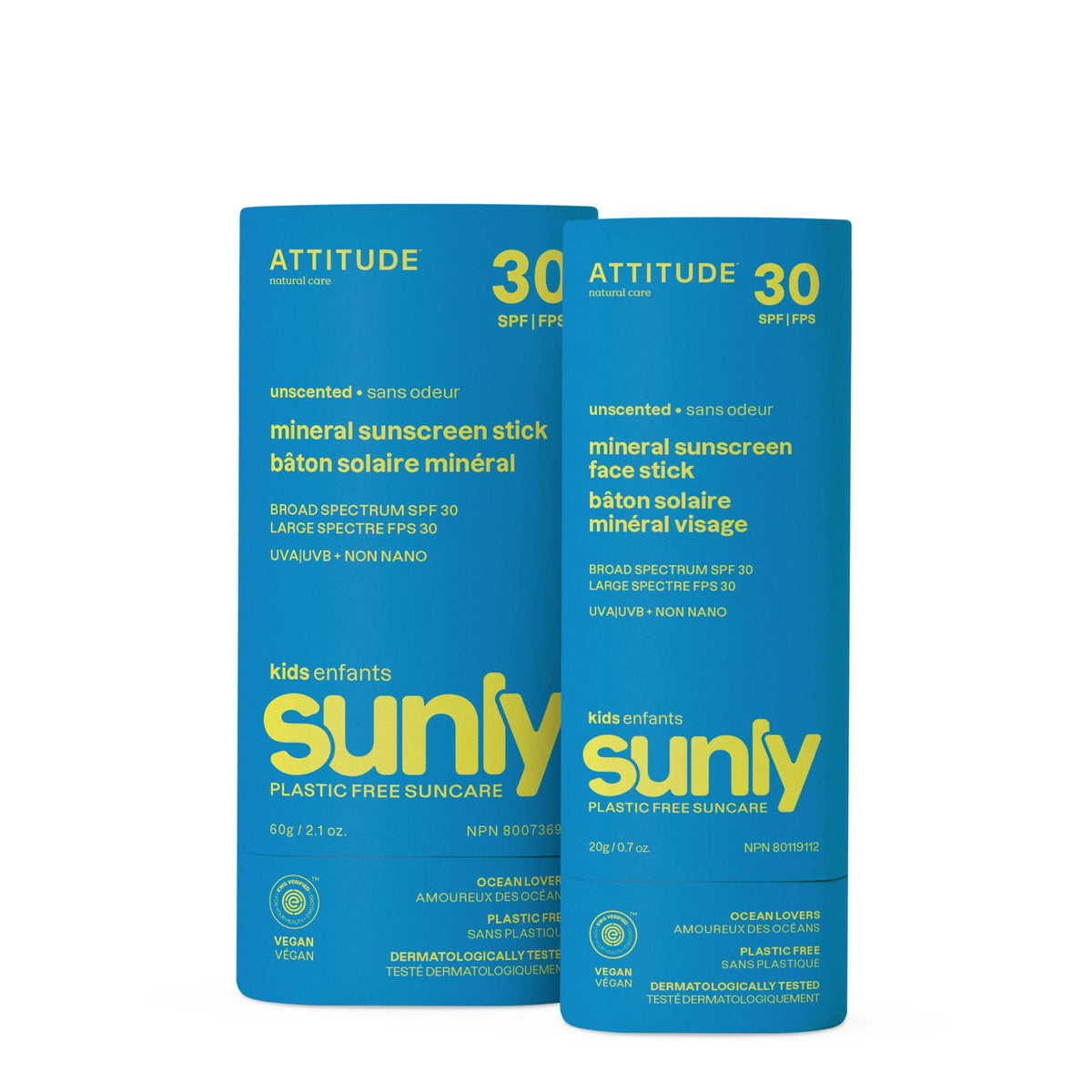 【Direct from Canada】ATTITUDE Kids Mineral Sunscreen Stick 2-Pack (Face & Body) | SPF 30