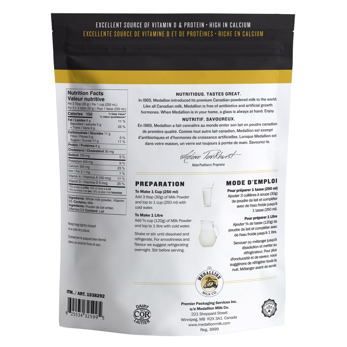 Medallion 加拿大全脂奶粉 3.25% 乳脂｜可沖調約8L牛奶 (1kg) 產品圖片 2－Lohas 銀髮健康選品