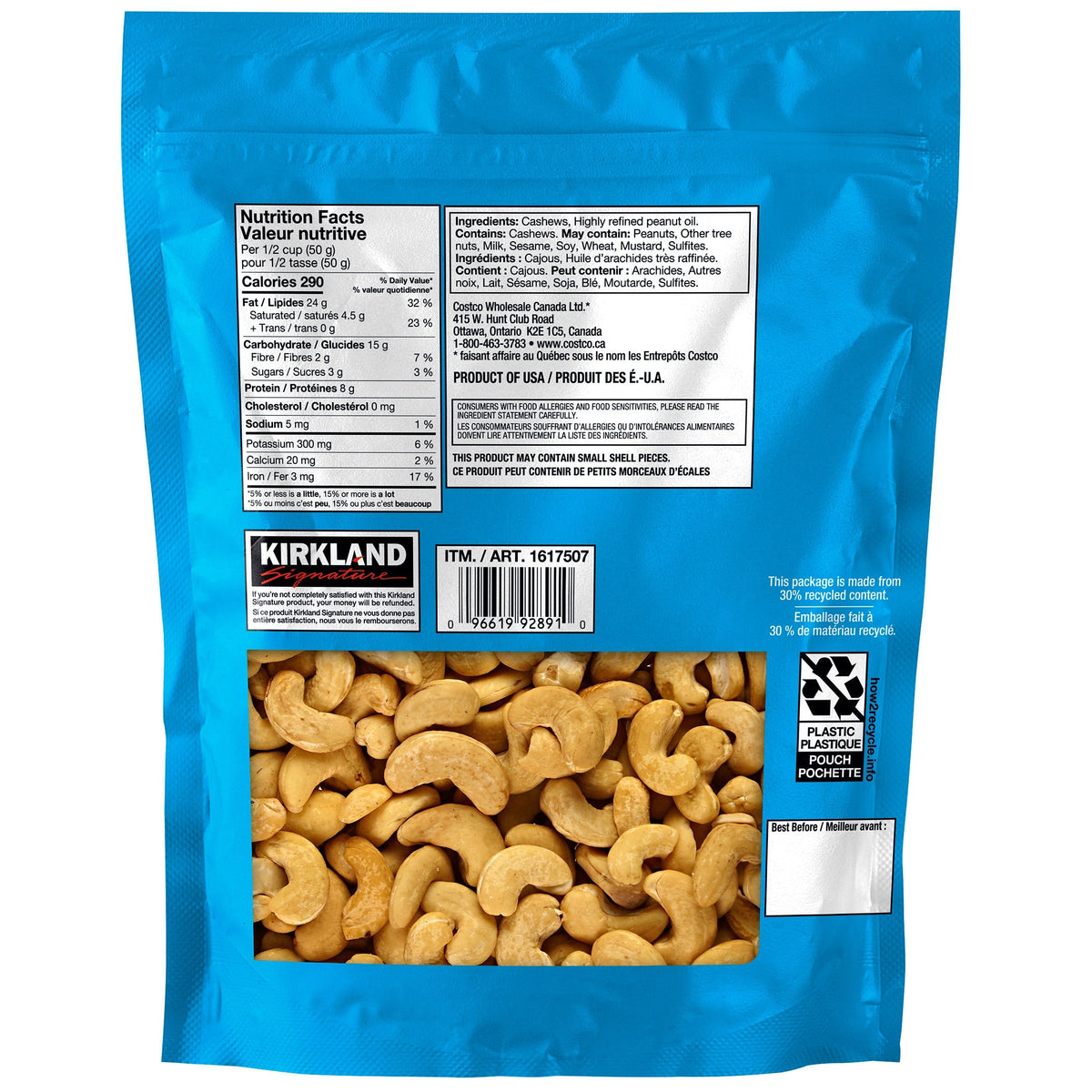 Kirkland Signature 烘焙原粒無鹽腰果 (1.13kg) 產品圖片 2－Lohas 銀髮健康選品