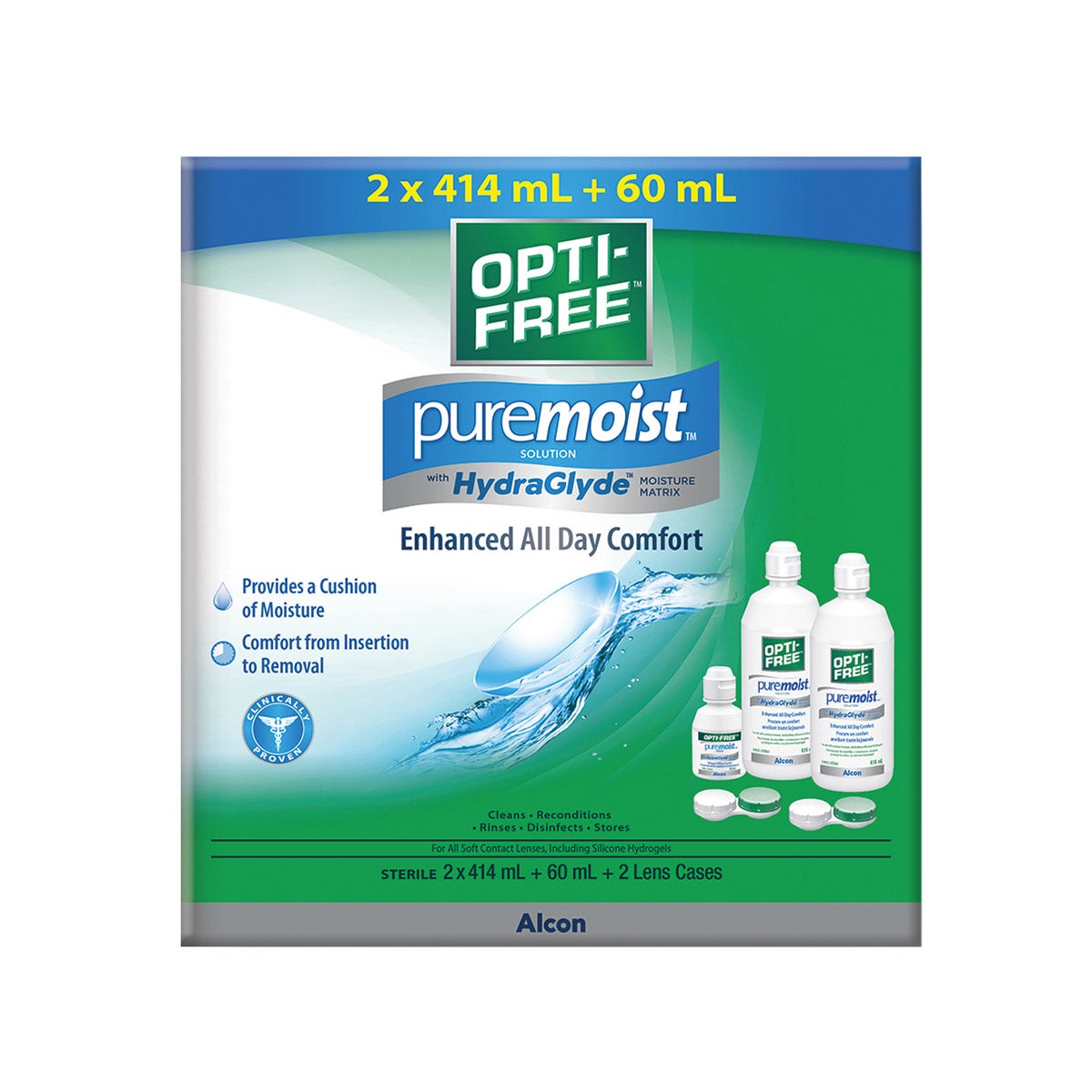 Opti-Free PureMoist HydraGlyde 多功能隱形眼鏡護理液 (414mL x 2 + 60mL + 鏡盒 x 2) 產品圖片 1－Lohas 銀髮健康選品