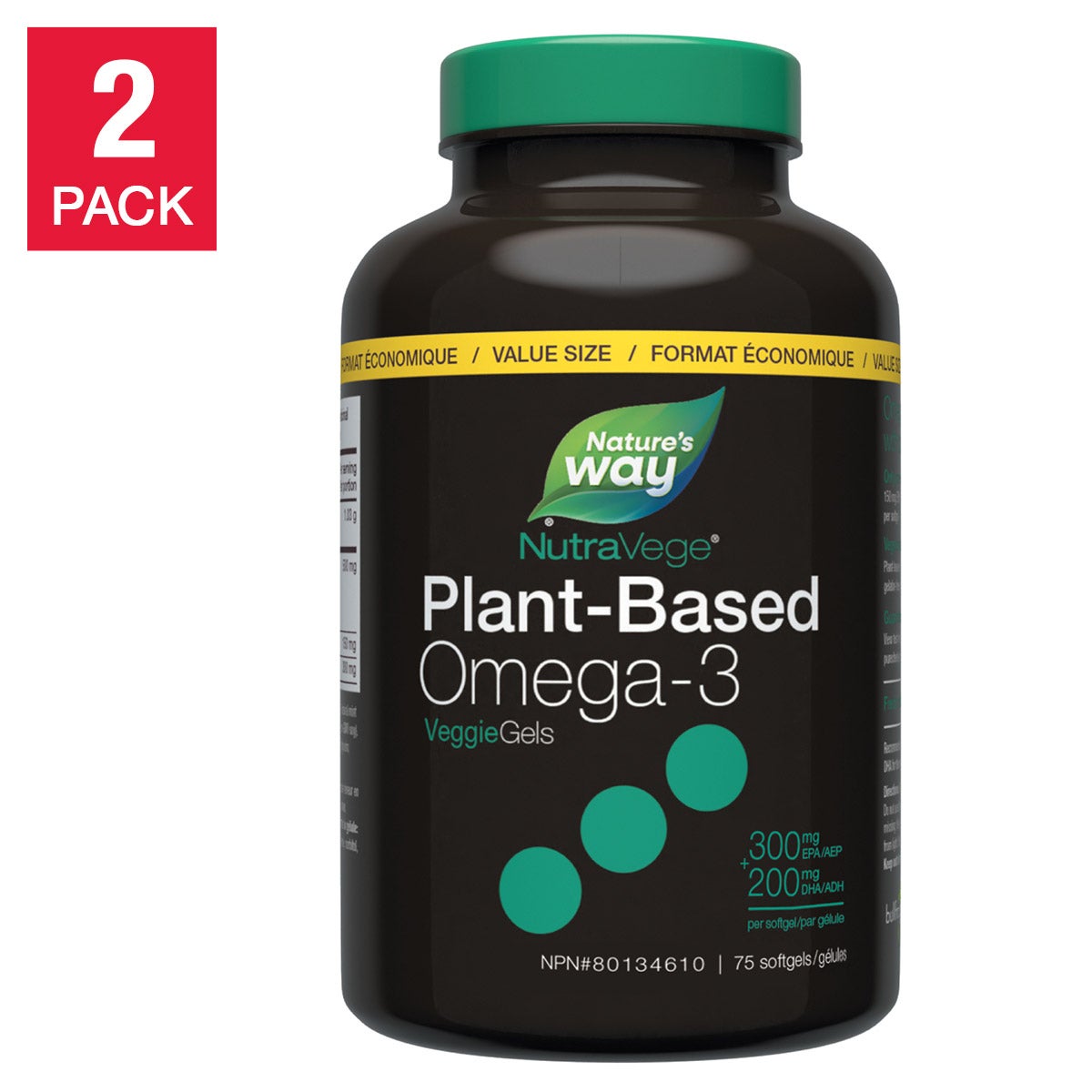 Nature's Way NutraVege Plant-Based Omega-3 (Peppermint Flavor, 75 Softgels x 2 Bottles) | Overseas Purchase