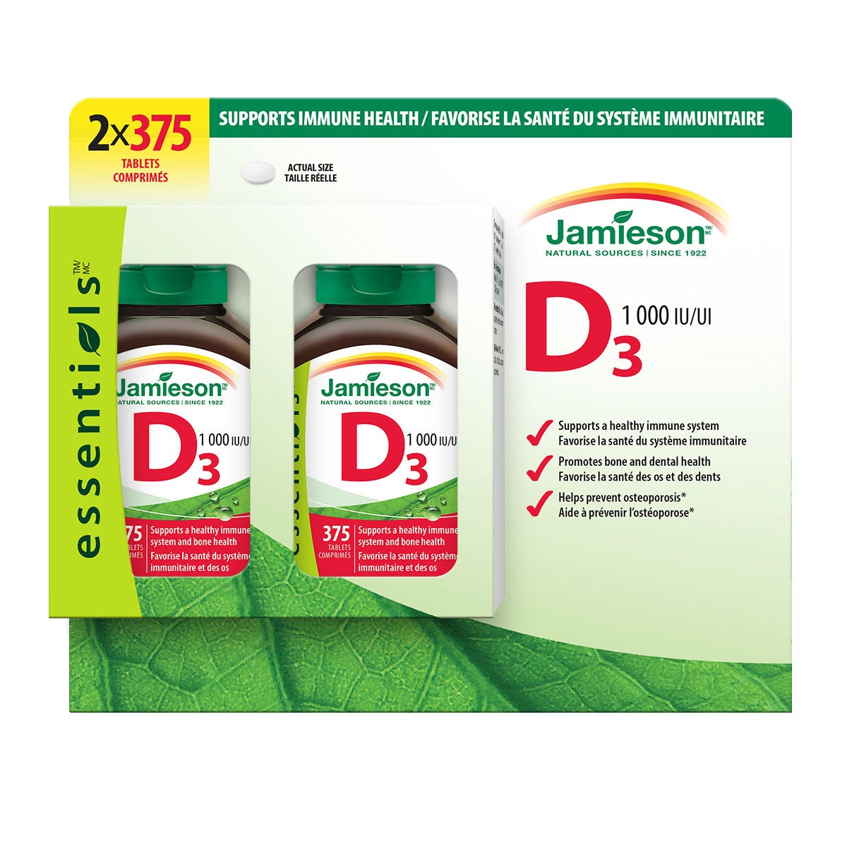 Jamieson Vitamin D3 1000IU Immune & Bone Health Tablets (375 Tablets x 2 Bottles) | Overseas Purchasing