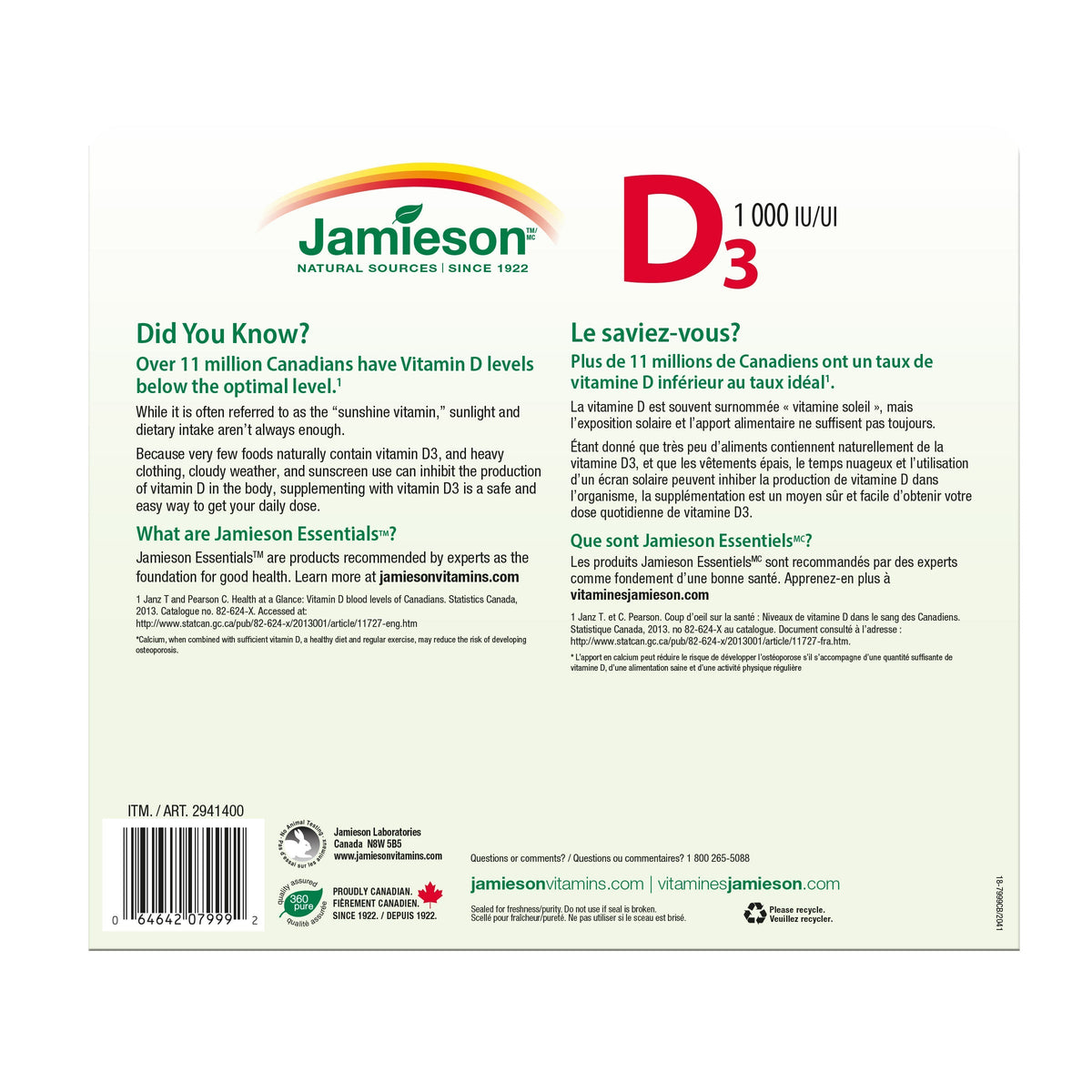 Jamieson 維他命D3 1000IU 免疫及骨骼健康片 (375片 x 2樽) 產品圖片 2