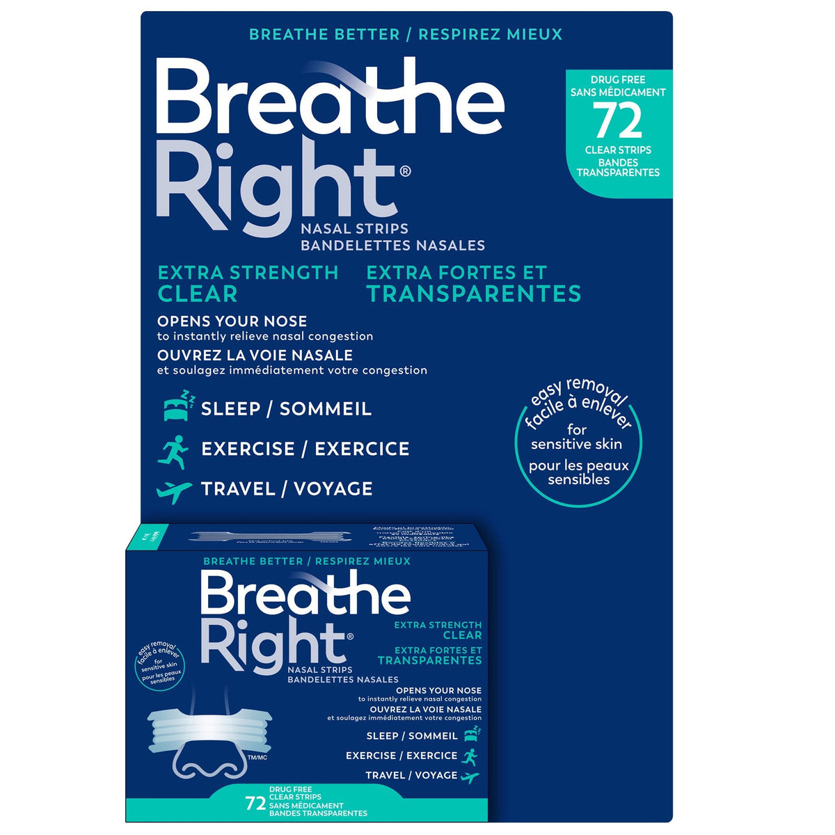 Breathe Right Extra Strength Clear Nasal Strips for Sensitive Skin (72 count) | Overseas Purchase