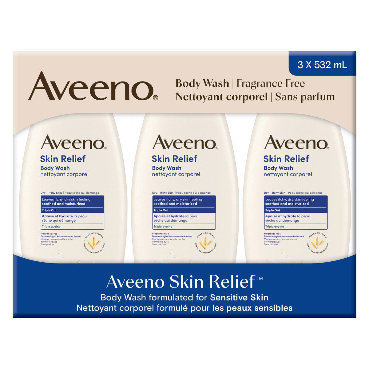 Aveeno Skin Relief Fragrance-Free Body Wash | For Seniors with Dry, Sensitive Skin 532mL x 3