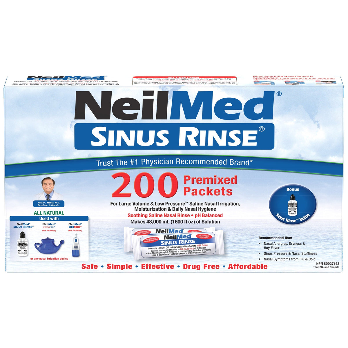 NeilMed Sinus Rinse Isotonic Saline Nasal Rinse Kit (200 Packets + Bottle) | Overseas Purchasing